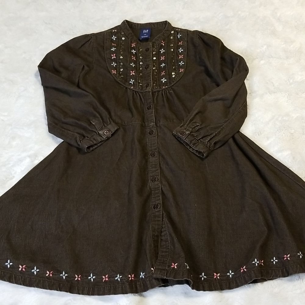Gap Kids Girls Corduroy Dress Size 4/5 XS Embroidered Brown Floral Fall Winter